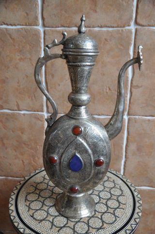 Ancient Persian Pitcher Of Silver.  Decorated With Agate And Turquoise.  2215 Gram