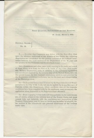 Civil War Orders; 1862 Hq Dept Of The Missouri 52