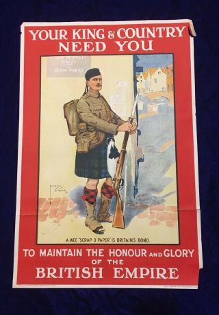 Wwi British Army Recruitment Poster – “your King & Country Need You” 1914 Rare