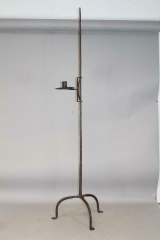 A Rare 18th C Floor Standing Wrought Iron Adjustable Candle Holder In Old Color