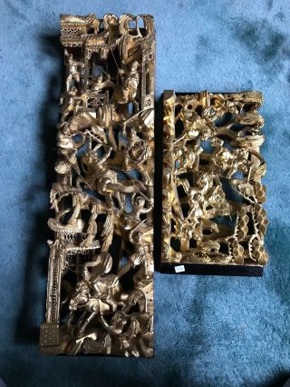 Two Fine Old China Chinese Carved Wood Gilt Gold Panel Wall Hangings