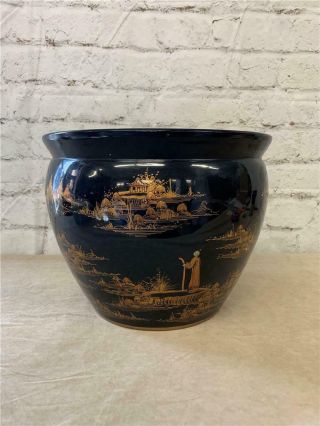 12 " X 15 " Vintage Black & Gold Chinese Porcelain Planter Fish Bowl Fishing Pot