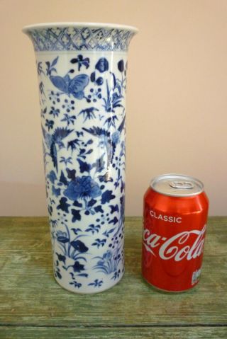 19th C Chinese Porcelain Kangxi Marks Blue & White Sleeve Vase 10 Inches 26 Cm