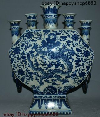 Old China Blue And White Porcelain 5 Mouth Dragon Flower Bottle Vase Wine Flask