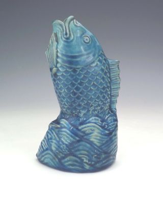 Antique Chinese - Oriental Blue Glazed Leaping Fish Vase Figure - Unusual