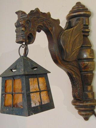 Antique French Wood Carved Gothic Gargoyle Griffin Wall Sconce Light Lantern
