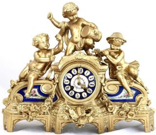 Antique French Mantle Clock Musical Trio Gilt Metal & Blue Sevres 8 Day Striking 2