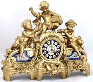 Antique French Mantle Clock Musical Trio Gilt Metal & Blue Sevres 8 Day Striking 3