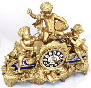 Antique French Mantle Clock Musical Trio Gilt Metal & Blue Sevres 8 Day Striking 4