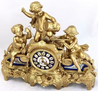 Antique French Mantle Clock Musical Trio Gilt Metal & Blue Sevres 8 Day Striking 5