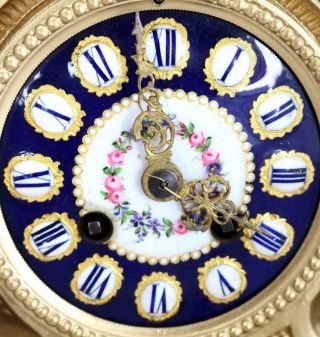 Antique French Mantle Clock Musical Trio Gilt Metal & Blue Sevres 8 Day Striking 6