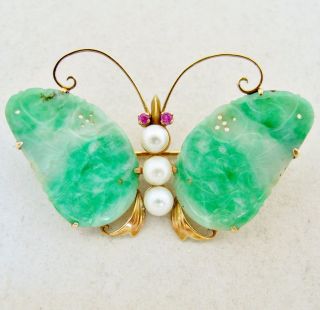 Antique Chinese 14k Gold Butterfly Brooch W/ Pearls & Green Jadeite Jade (10.  4g)