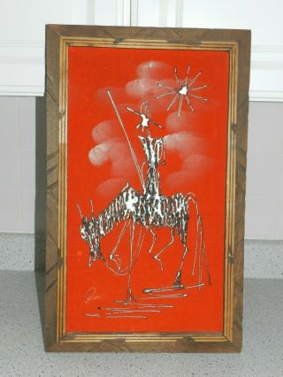 Mcm Orange Velvet Abstract Painting Brutalist Carved Wood Frame Don Quixote