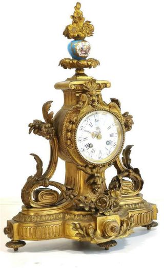 Antique Mantle Clock Bronze & Blue Sevres Porcelain Bell Strike Rococo 2