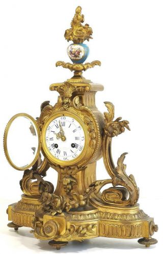 Antique Mantle Clock Bronze & Blue Sevres Porcelain Bell Strike Rococo 3