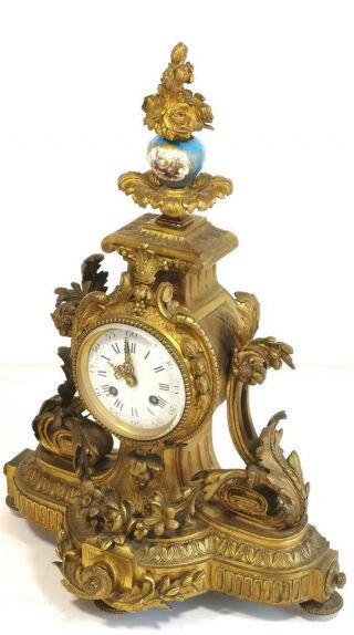 Antique Mantle Clock Bronze & Blue Sevres Porcelain Bell Strike Rococo 4