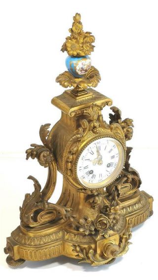 Antique Mantle Clock Bronze & Blue Sevres Porcelain Bell Strike Rococo 5