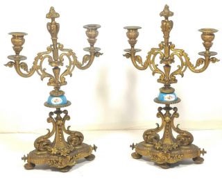 Antique Mantle Clock Bronze & Sevres Porcelain 2 Branch Candelabras