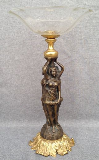 Big antique french cup bowl made of bronze early 1900 ' s women goddess signed 2