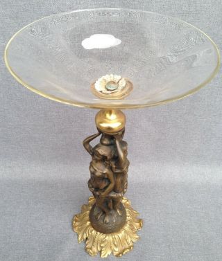 Big antique french cup bowl made of bronze early 1900 ' s women goddess signed 7