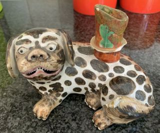 Unusual Antique Oriental Chinese Porcelain Pottery Dog Shitsu? Candle Holder