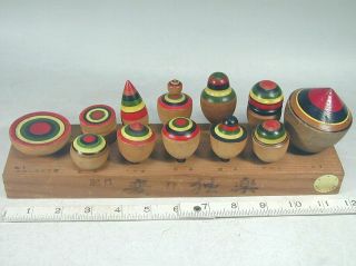 Japanese Koma Toy 76 Spinning Tops Set Vtg Handmade Wood Wooden Red Green Japan