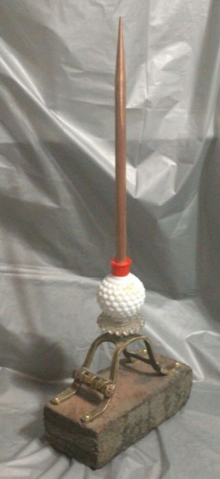 Antique Hobnail Milk Glass Lightning Rod Ball,  Copper Rod,  Red Brick Display Vtg