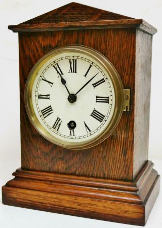 Antique German 8 Day Oak Architectural Timepiece Mantel Clock Painted Dial