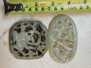 From Old Estate Antique Chinese Ming 2X Carved Jade Bird Pedents Asian China 12