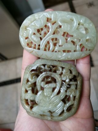 From Old Estate Antique Chinese Ming 2x Carved Jade Bird Pedents Asian China