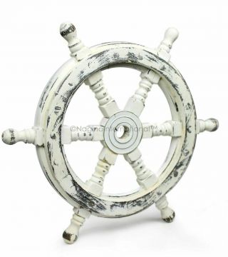 18 " Antique White Nautical Handcrafted Wooden Ship Wheel - Home Wall Decor Gift