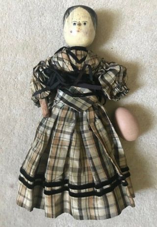 Antique Wooden Painted & Articulated Penny Doll W Dress,  C.  1800s