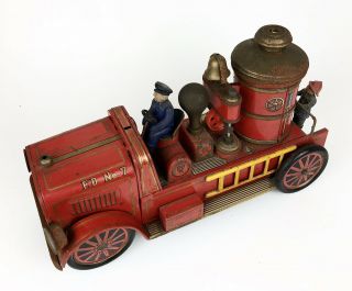 Vintage Mt Trademark No.  7 Battery Fire Truck Tin Toy Made In Japan