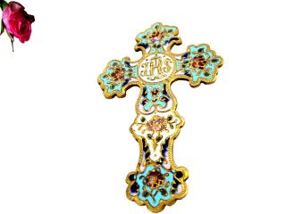 FRENCH CLOISONNE ENAMEL BRONZE RELIGIOUS CROSS CRUCIFIX 6