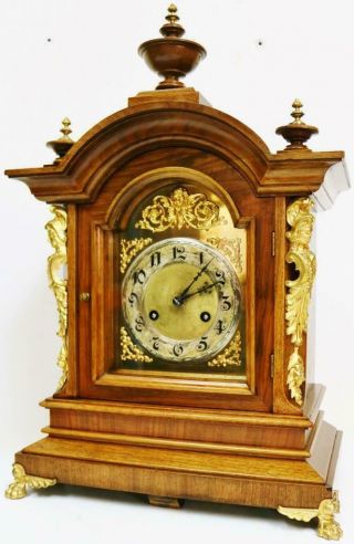 Antique Junghans 8 Day Carved Walnut & Bronze Ting Tang Musical Bracket Clock