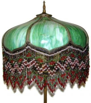 Antique Art Deco Jadeite Green Slag Glass Lamp Shade Lampshade W/ Beaded Fringe