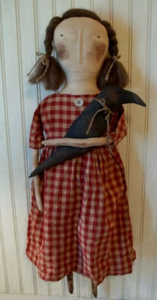 Primitive Grungy Prim Lady Doll & Her Crow