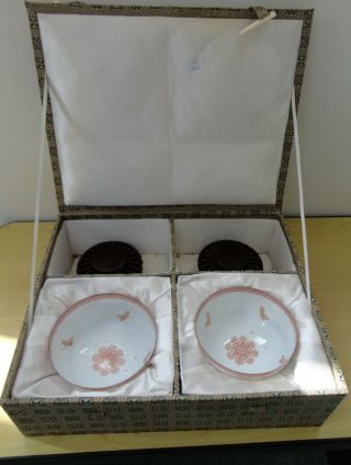 Magnificent Vintage Chinese Eggshell Bowls With Custom Stands and Box 2
