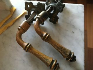 Antique Arts & Crafts Brass bronze Hand Hammered Lever door handles escutcheons 3