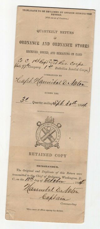 1864 Ordnance Return Capt Hannibal Norton Co C,  1st Reg Veteran Reserve Corps
