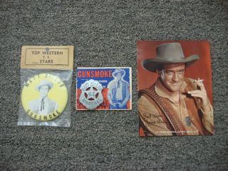 Rare Marshal Matt Dillon Gunsmoke Badges And Post Card 1960 Era