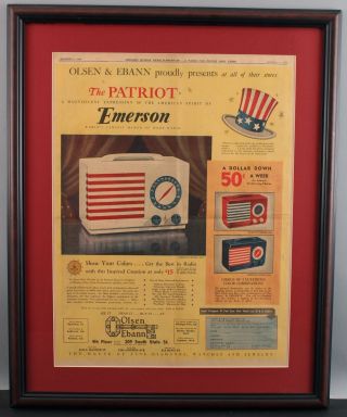 Antique 1940 Emerson Patriot Bakelite Radio,  Advertisement Poster Sign,  Nr