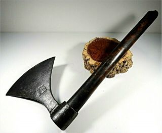 Antique Axe In Carbon Steel Wrought Art Blacksmith Made Marked Handle
