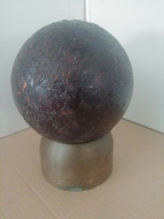 Vintage Antique Cannonball Shot,  4.  5 ",  Diameter,  11 Pounds Brass Stand