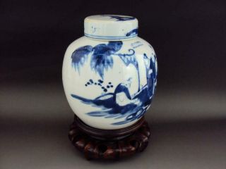 Rare Chinese Antiques Porcelain Oriental Blue White Tea Caddy & Wood Stand 2