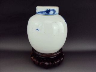 Rare Chinese Antiques Porcelain Oriental Blue White Tea Caddy & Wood Stand 3