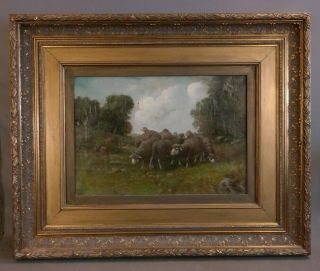 Antique Edwardian Era Primitive Old Country Sheep Pastoral Landscape Painting