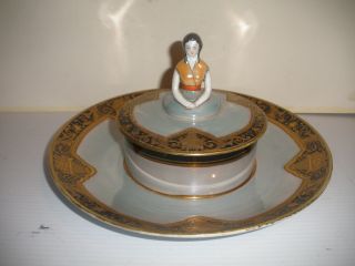 Rare Antique Noritake figural lady chip & dip hand painted box on plate shape 2