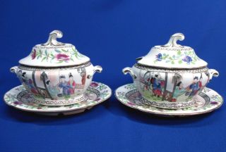 Pair Early Chinese Export Sauce Tureens & Underplates