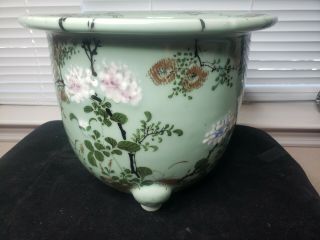 Rare Japanese Meiji Sato Celadon Porcelain Jardiniere Pot With Raised Flowers Lg